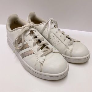 Adidas Grand Court Sneakers White Metallic Gold Stripes Sz 7